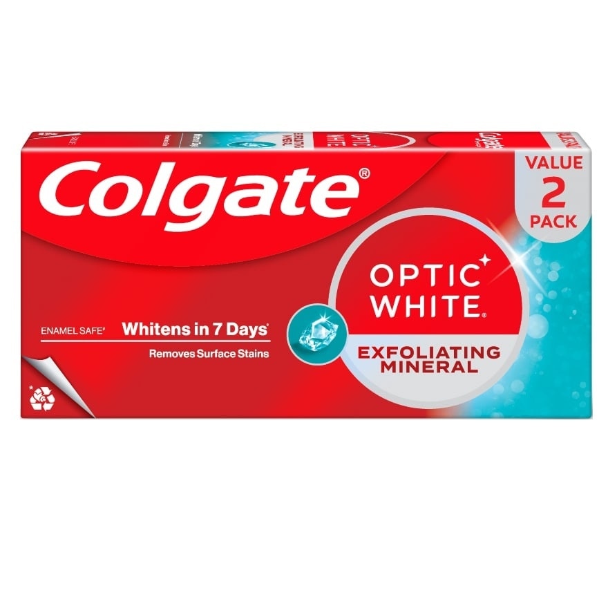 Colgate คอลเกต ยาสีฟัน อ๊อฟติค ไวท์ เอ็กโฟลิเอตติ้ง มิเนอรัล 100 กรัม แพ็คคู่