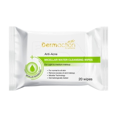 Dermaction Plus by Watsons - เดอมาแอคชัน พลัส บาย วัตสัน แอนตี้-แอคเน่ ไมเซลล่าร์ วอเตอร์ คลีนซิ่ง ไวพ์ 20แผ่น.