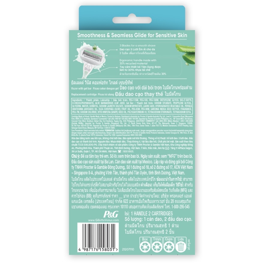 ยิลเลตต์ วีนัส คอมฟอร์ท ไกลด์ เซนซิทีฟ ด้ามมีดโกน 1 ด้าม + ใบมีด 2 ชิ้น