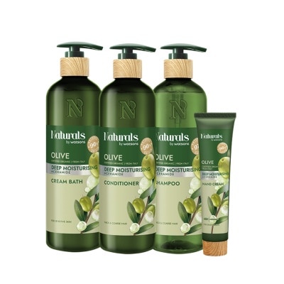 Naturals by Watsons เนเชอรัล บาย วัตสัน โอลีฟ ดีพ มอยซ์เจอไรซิ่ง ครีม บาธ 490มล.+แชมพู 490มล.+คอนดิชันเนอ