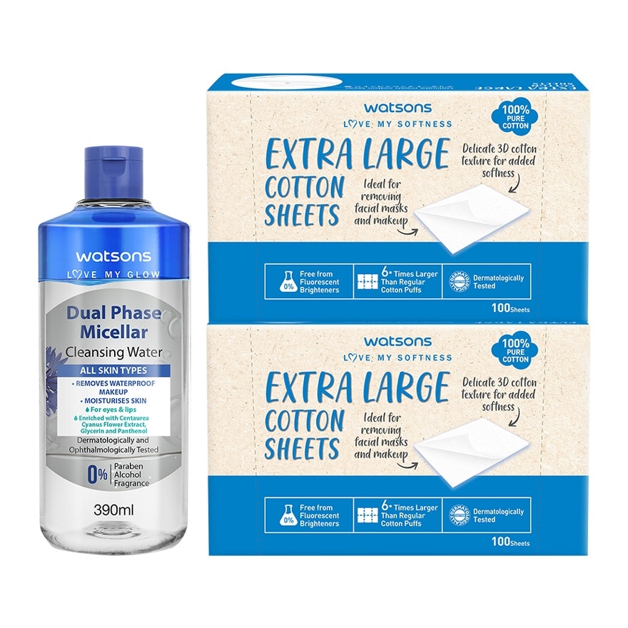 Watsons Dual Phase Micellar Cleansing Water 390 ml.+Watsons Extra Large Cotton Sheets