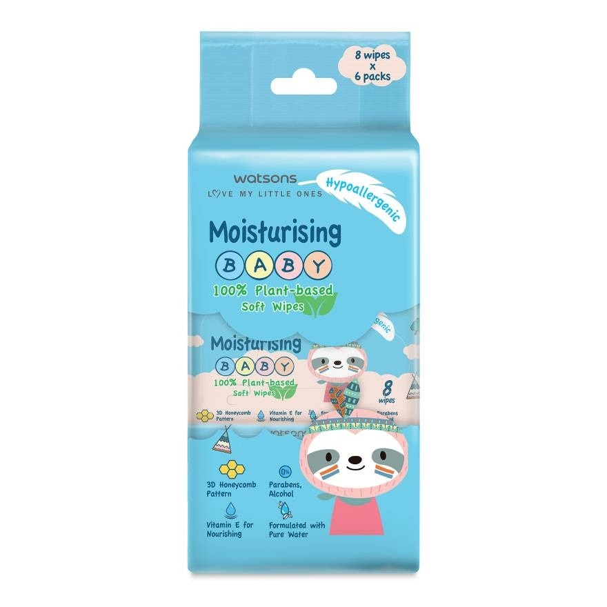 Watsons Moisturising Baby 100 Plant-Based Soft Wipes 8s x 6packs