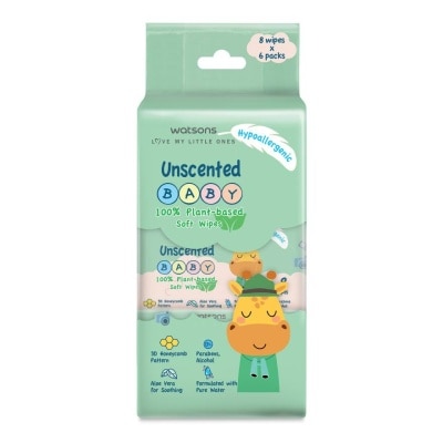 Watsons - Watsons Unscented Baby 100 Eco-Friendly Soft Wipes 8s x 6packs.