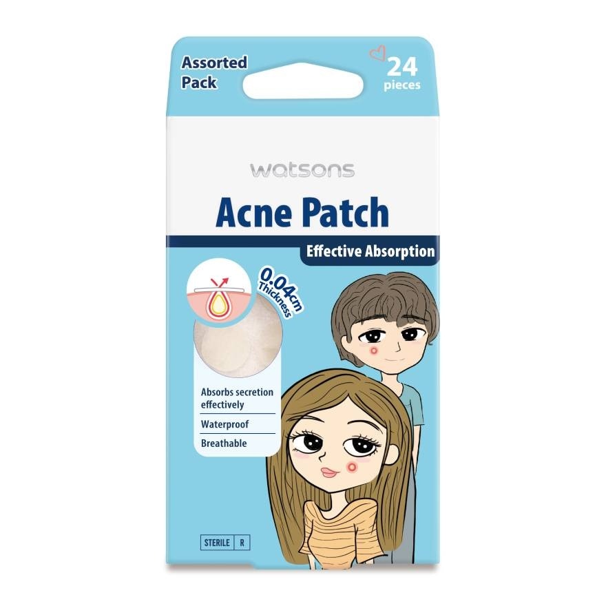 วัตสัน แผ่นซับสิว แอคเน่แพทช์ ความหนา 0.04 ซม. (คละไซส์) 24 ชิ้น.
