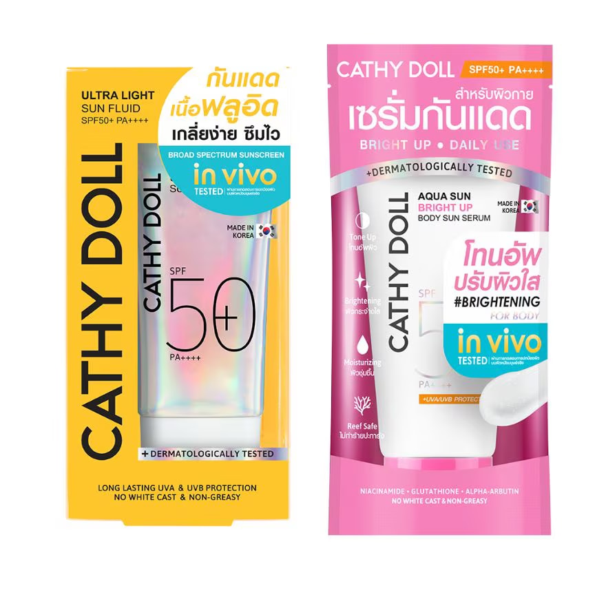 Cathy Doll เคที่ ดอลล์ อัลตร้า ไลท์ ซัน ฟลูอิด 40มล+ไบรท์ อัพ บอดี้ ซัน เซรั่ม SPF50+PA++++140มล