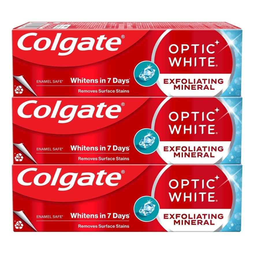 Colgate คอลเกต ยาสีฟัน อ๊อฟติค ไวท์ เอ็กซ์โฟลิเอตติ้ง มิเนอรัล 100 กรัม แพ็ก 3 ชิ้น