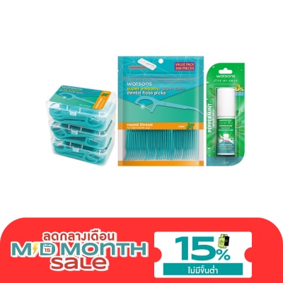 Watsons Watsons Super Smooth Mint Round Thread Dental Floss Picks 50s+300s Refill+Peppermint image