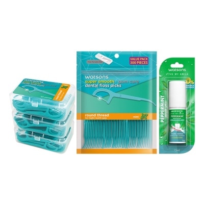 WATSONS - วัตสัน ไหมขัดฟันเส้นกลมกลิ่นมิ้นท์50ด้าม +300ด้ามรีฟิล+เปปเปอร์มิ้นท์เม้าท์สเปรย์15มล