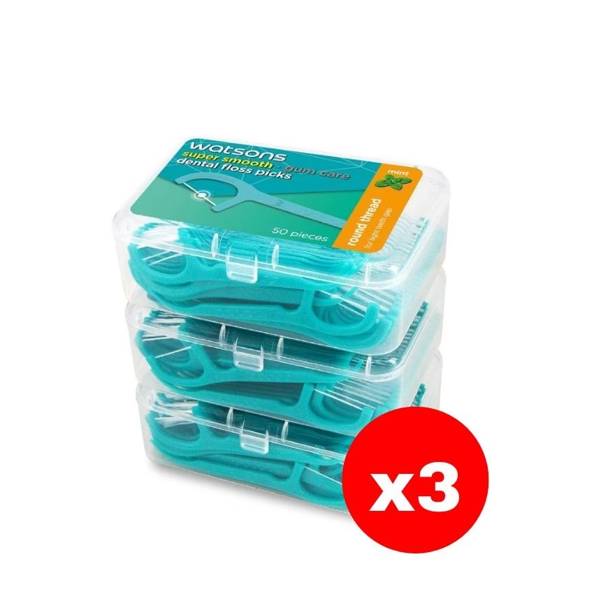 วัตสัน ซุปเปอร์ สมูธ ไหมขัดฟันเส้นกลม กลิ่นมิ้นท์ ชนิดด้าม 50 ด้าม แพ็ค 3 กล่อง X3