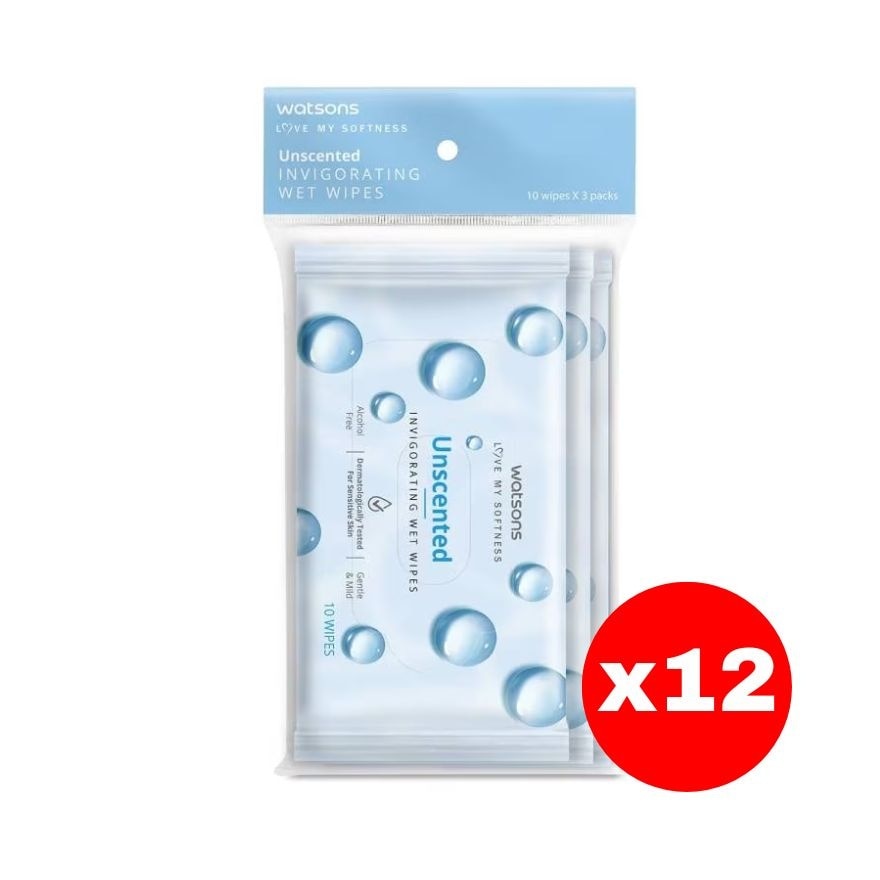 Watsons Unscented Invigorating Wet Wipes 10 sheets x 3 packs.X12 image