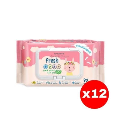 WATSONS - วัตสัน เฟรช เบบี้ 100 อีโค่-เฟรนด์ลี่ ซอฟท์ ไวพ์ 90แผ่น.X12