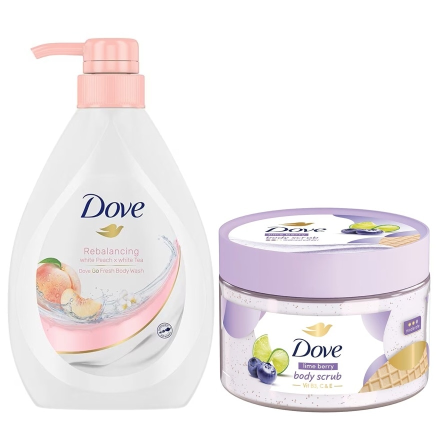 โดฟ ครีมอาบน้ำ รีบาลานซ์ซิ่ง พีช 550 มล.+โดฟ บอดี้ สครับ ไลม์ เบอร์รี่ 280 กรัม