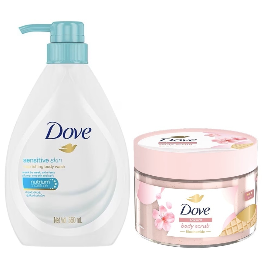 โดฟ ครีมอาบน้ำ เซนซิทีฟ สกิน นอร์ริชชิ่ง 550 มล.+โดฟ บอดี้ สครับ ซากุระ 280 กรัม