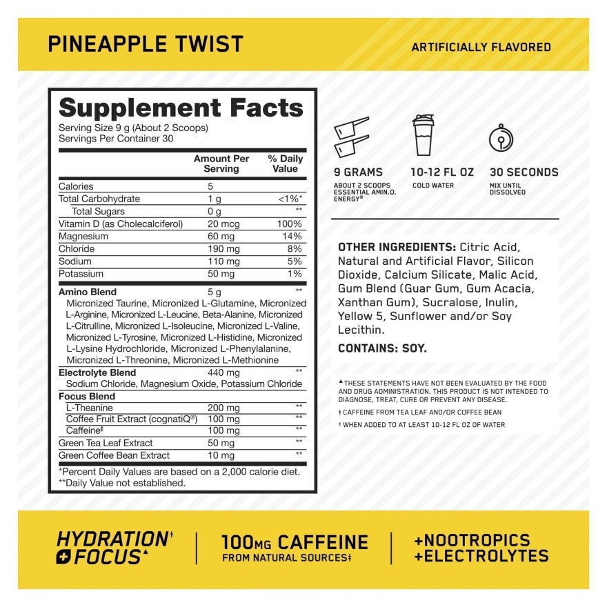 Optimum Nutrition Amino Energy Electrolytes Pineapple Twist 285 g. image