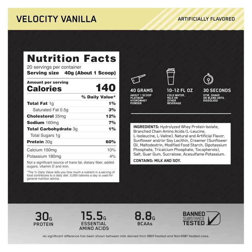 Optimum Nutrition Hydro Whey Protein Velocity Vanilla 800 g. image