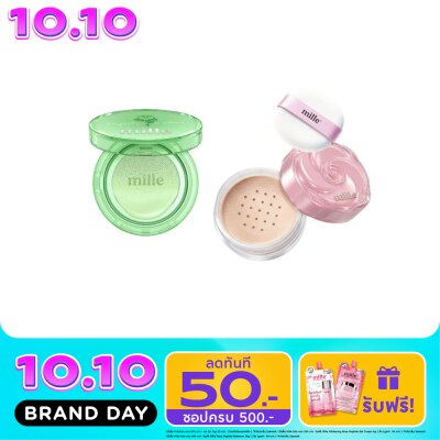 Mille Mille Value Pack Perfect Clear Acne Cushion Green Base 14g. + Rose Peptide Loose Powd image